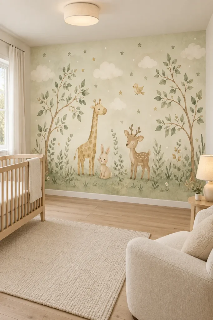 Soft watercolor giraffe deer bunny enchanted forest nursery mural covering a Scandinavian nursery feature wall beside a pale oak crib and cream nursing chair.