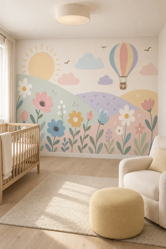 Pastel wildflower hills hot air balloon smiling sun mural in a bright Scandinavian nursery with a pale oak cot and cream nursing chair.
