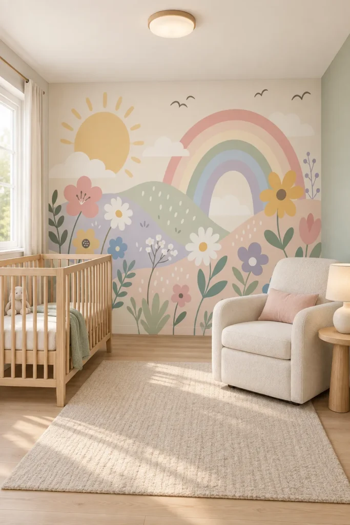 Pastel rainbow wildflowers smiling sun rolling hills mural in a Scandinavian nursery with a pale oak crib and cream nursing chair.
