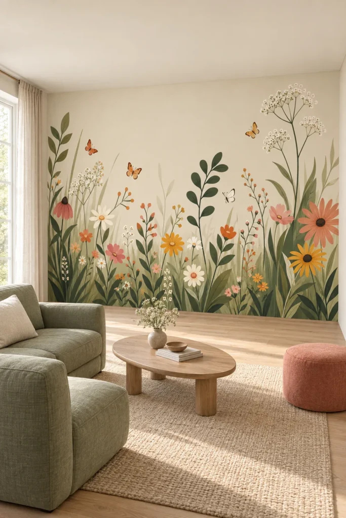 Watercolor wildflower meadow daisies butterflies botanical garden mural in an airy cottage living room with a sage sofa, oak coffee table, and coral stool.