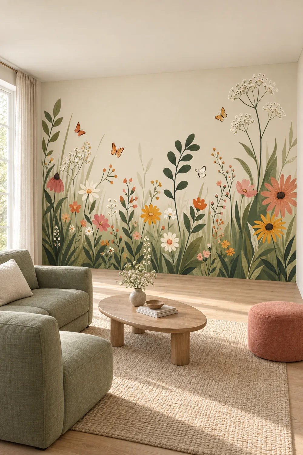 Watercolor wildflower meadow daisies butterflies botanical garden mural in an airy cottage living room with a sage sofa, oak coffee table, and coral stool.