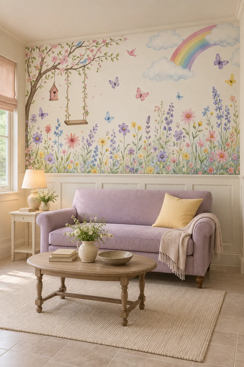 Watercolor spring wildflower meadow cherry blossom swing rainbow mural above cream wainscoting in a cottage sitting room with a lilac settee.