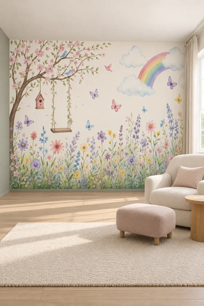 Watercolor spring wildflower meadow cherry blossom swing rainbow mural in an airy Scandinavian nursery with an ivory nursing chair, oak side table, and blush footstool.