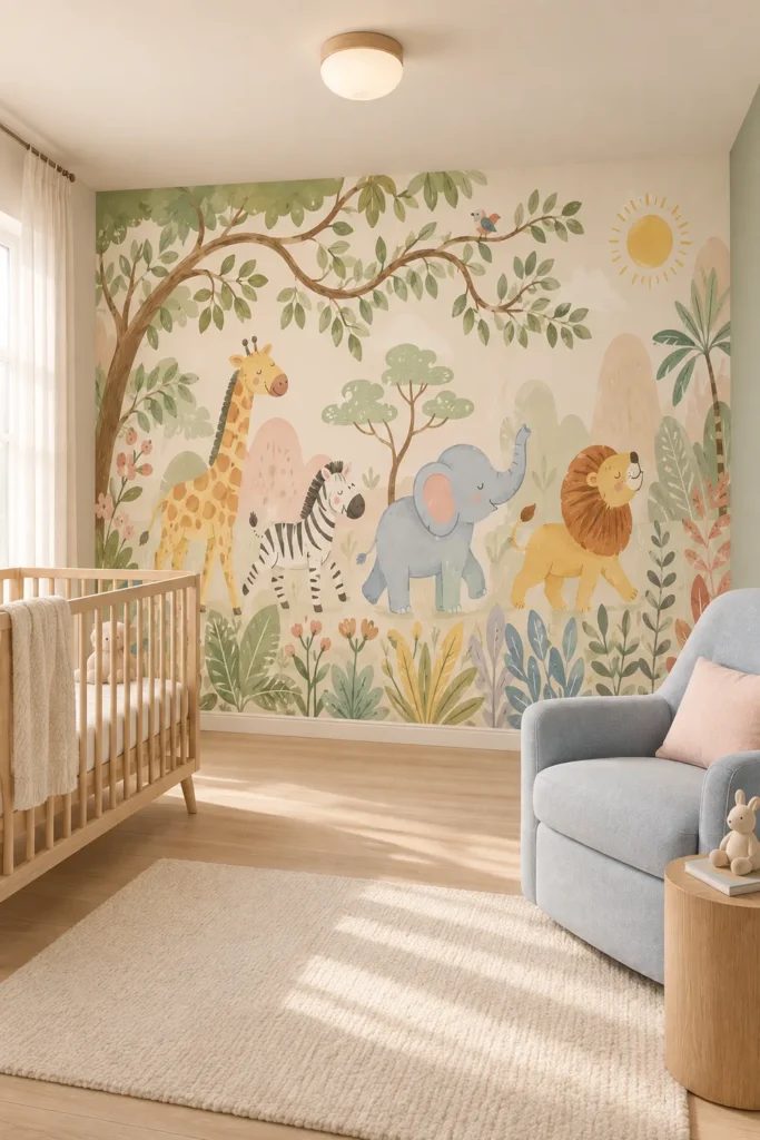 Watercolor safari animals tropical leaves flowers jungle mural on a Scandinavian nursery feature wall with a pale oak crib and powder-blue nursing chair.
