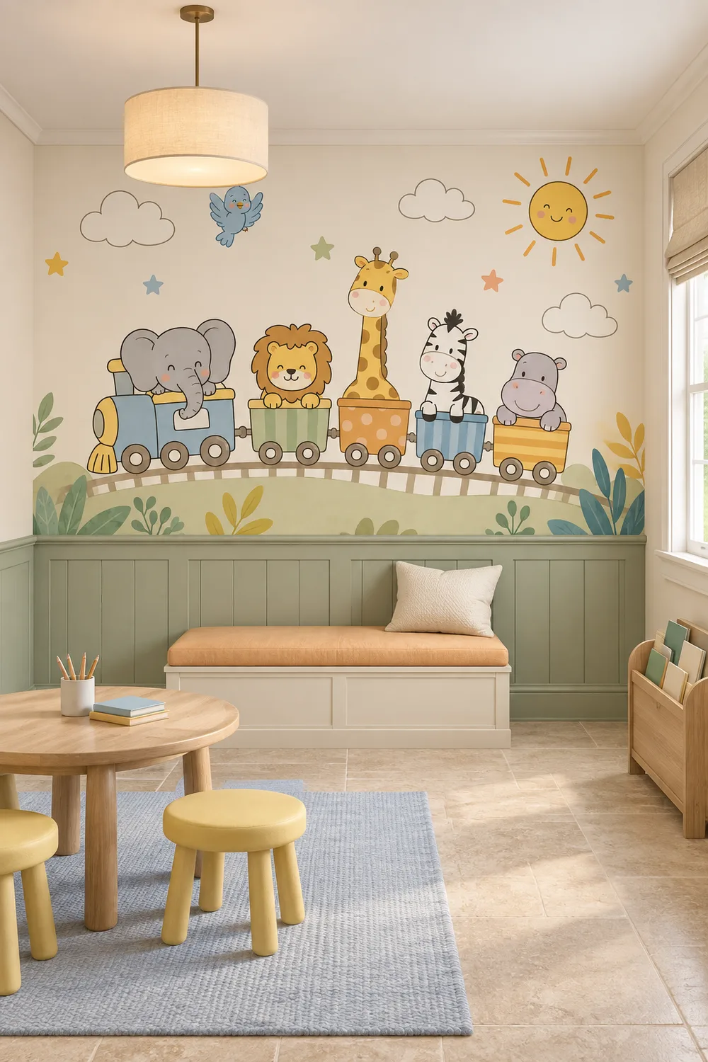 Watercolor safari animals riding pastel train botanical nursery mural above eucalyptus wainscoting in a cottage playroom with an ivory reading bench and pale-oak activity table.