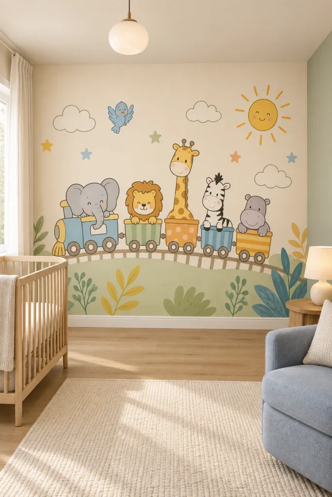 Watercolor safari animals riding pastel train botanical nursery mural on a full-height feature wall in a Scandinavian nursery with a pale-oak crib and powder-blue chair.