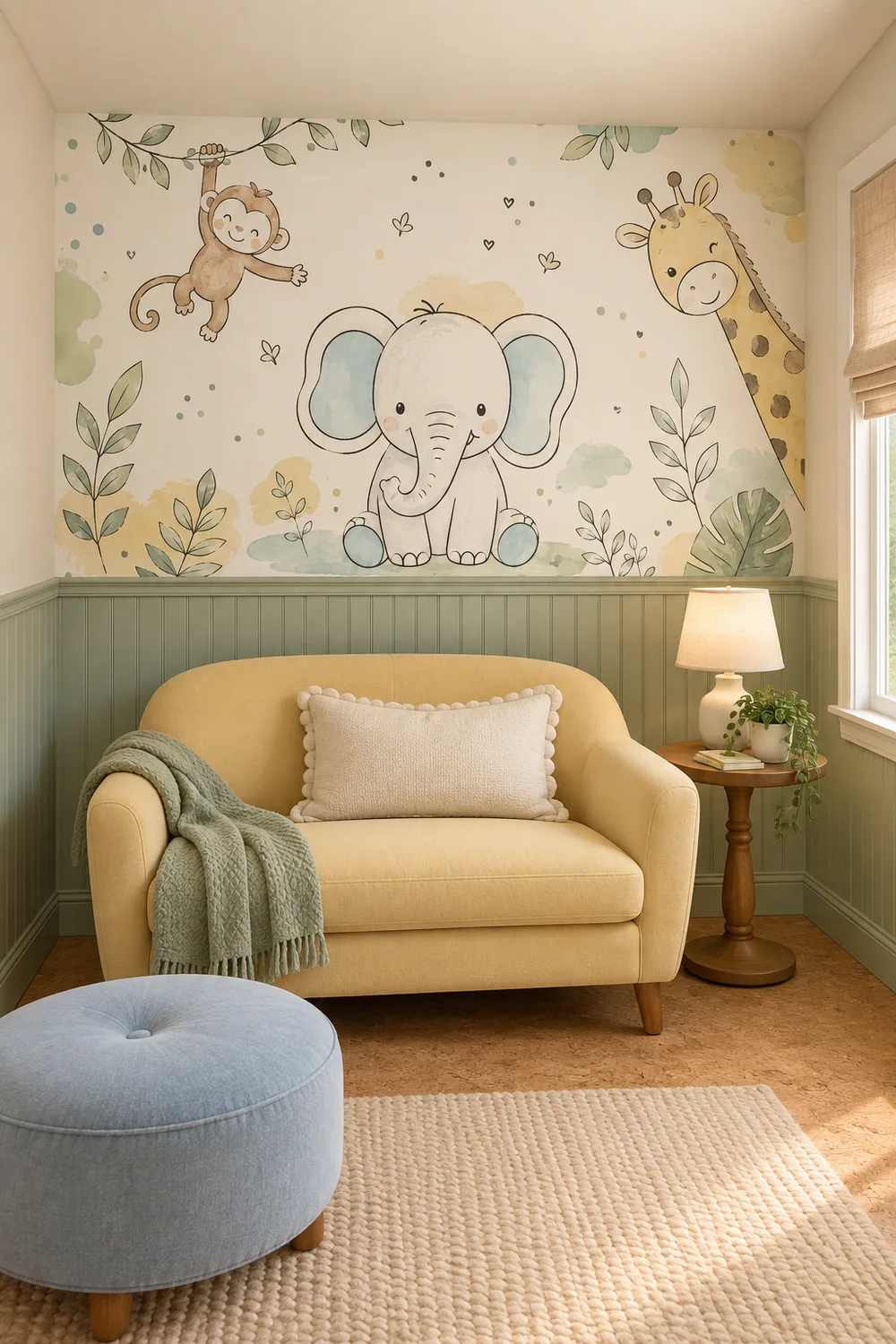 Watercolor baby elephant giraffe monkey botanical safari nursery mural above sage beadboard and a buttery-yellow settee in a cottage reading nook.