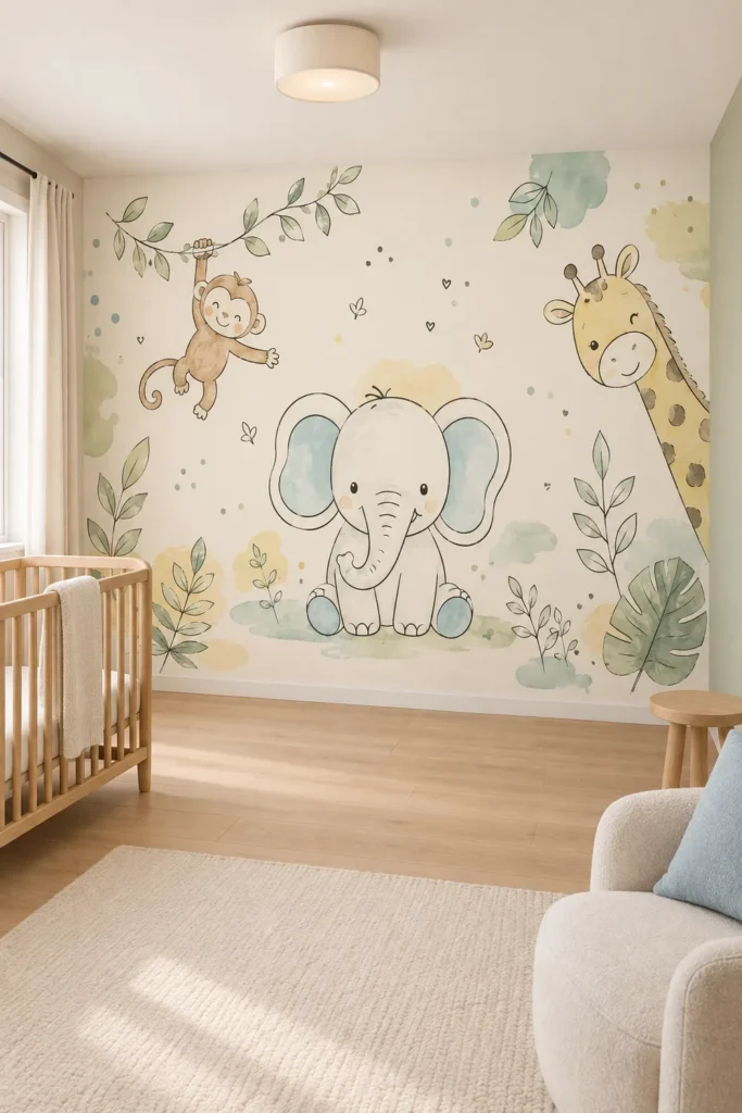 Watercolor baby elephant giraffe monkey botanical safari nursery mural on a full-height feature wall in an airy Scandinavian nursery with a light-oak crib and cream nursing chair.