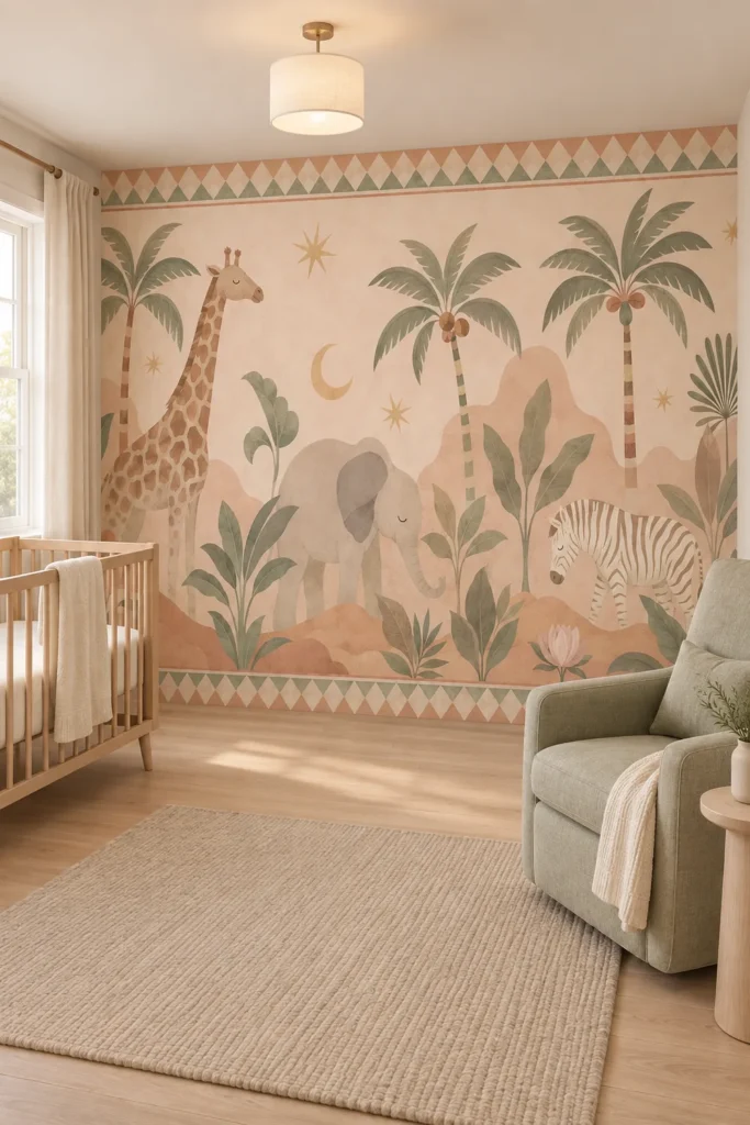 Vintage tropical safari giraffe elephant zebra palm tree border mural on a full-height Scandinavian nursery wall with a pale oak crib and sage nursing chair.