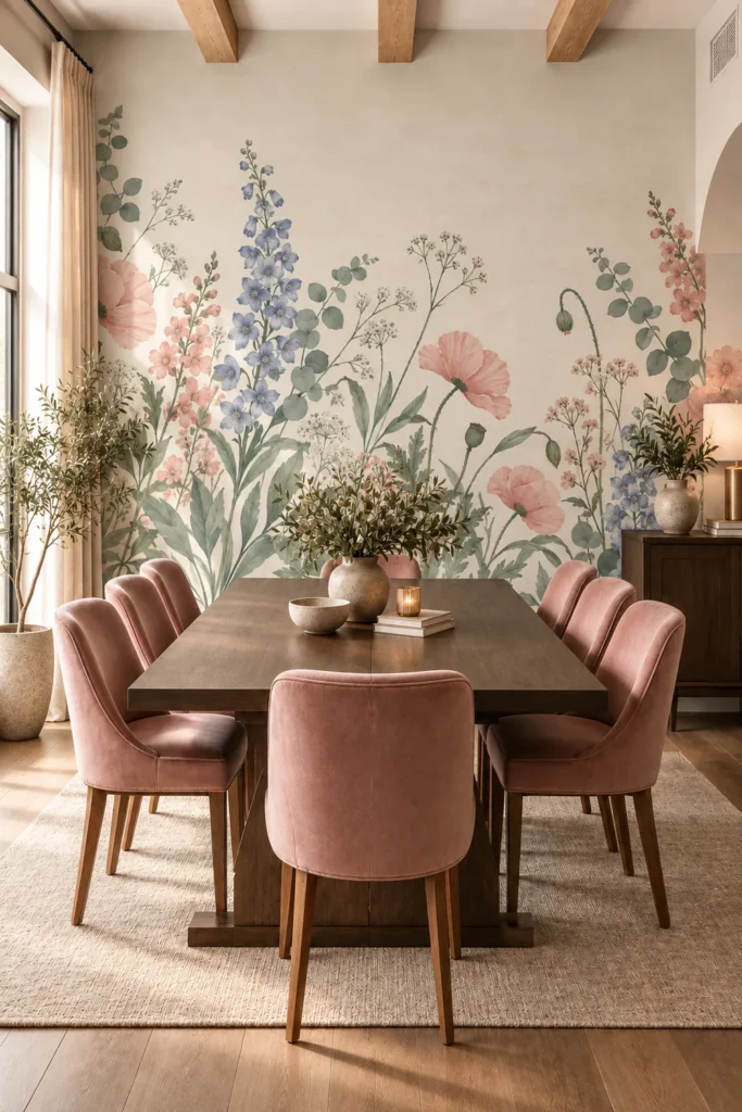 Warm contemporary dining room with a blush pink poppy and blue delphinium watercolor wallpaper mural behind a walnut table and dusty rose chairs.