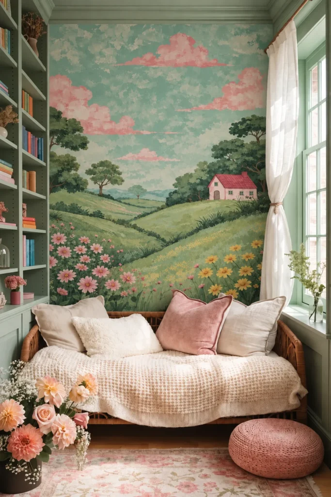 Pastel Cottagecore Meadow Wallpaper Mural With Pink Flowers on the narrow back wall of a sage-green reading nook with a wicker daybed.