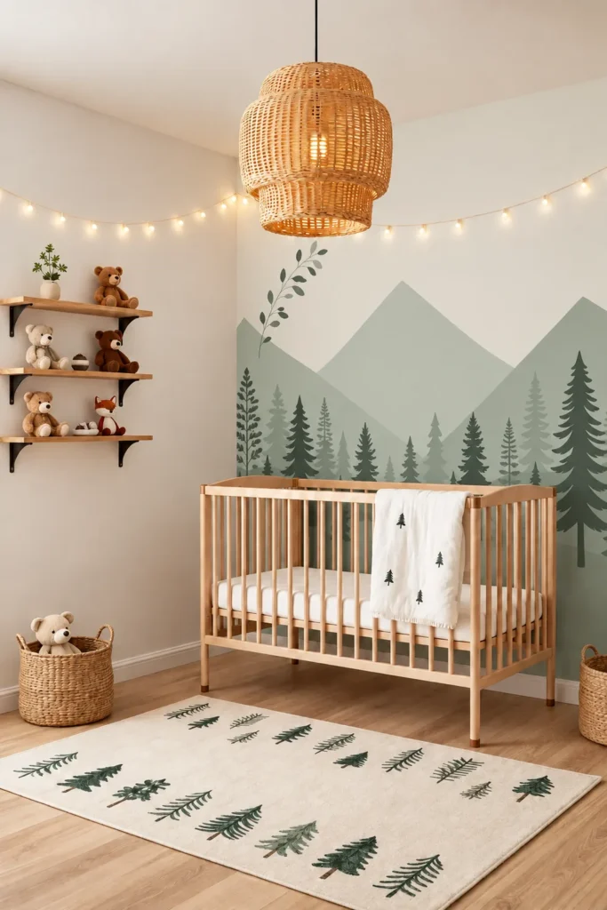 Sage Green Mountain Forest Nursery Wallpaper Mural behind a natural wood crib in a warmly lit Scandinavian nursery.