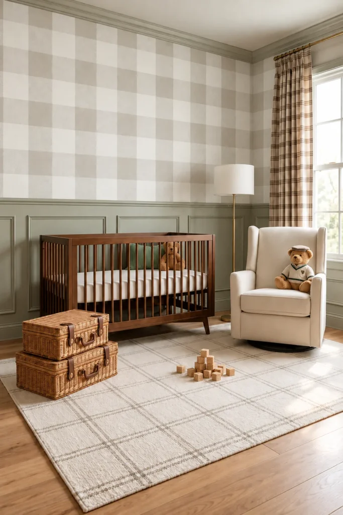 Traditional nursery with a large scale beige gingham check wallpaper mural above sage-gray wainscoting, behind a walnut crib.