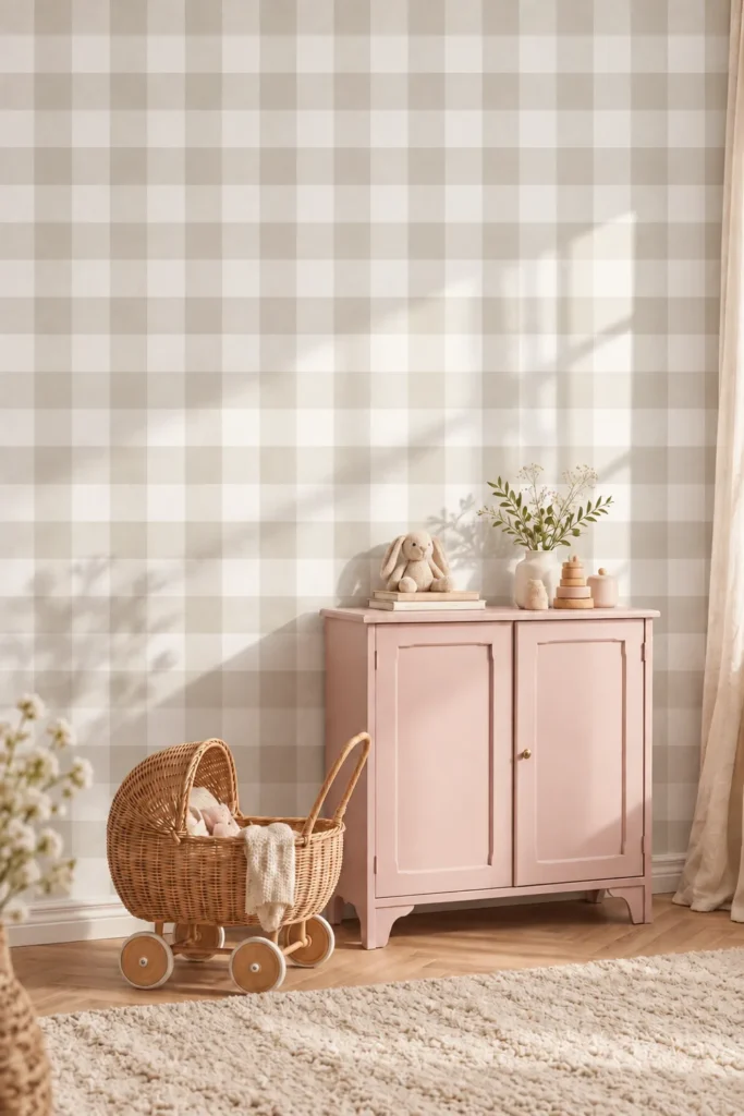 Neutral Beige Gingham Check Wallpaper Mural on a nursery wall behind a blush pink cabinet and wicker toy pram.
