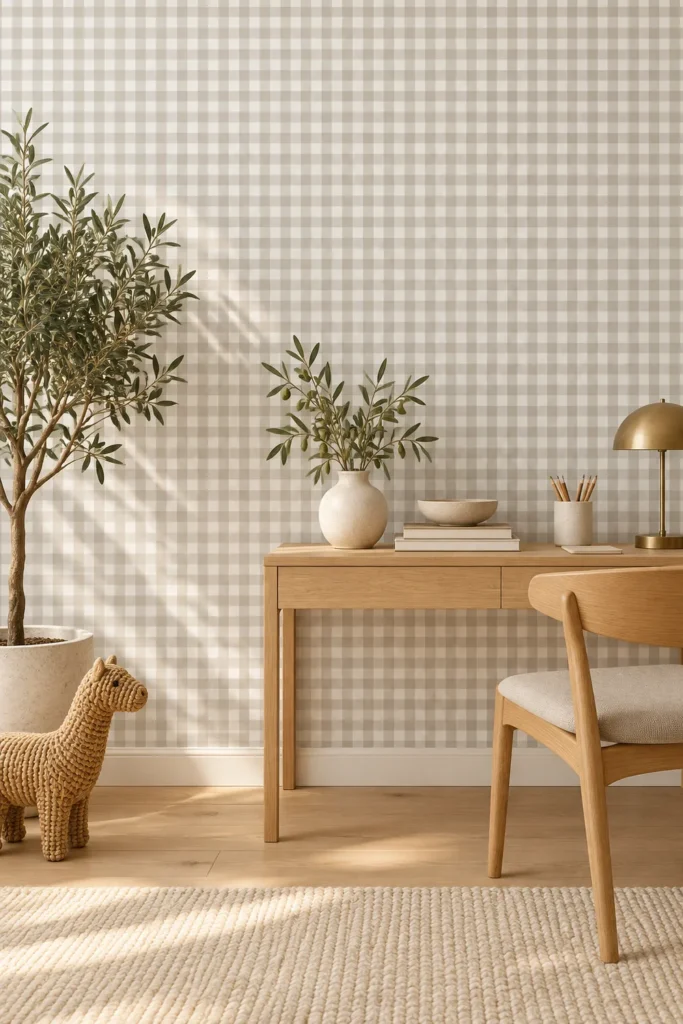Small scale beige gingham check wallpaper mural on a writing desk wall in a warm Japandi room with pale oak furniture and olive greenery.