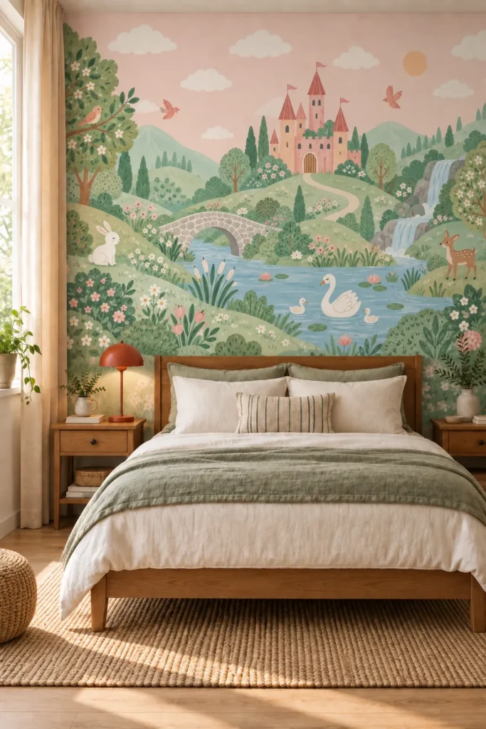 Pastel Pink Fairytale Castle Wall Mural with Swans Waterfalls and Flowering Green Hills installed behind an ivory bed in a warm Japandi bedroom.
