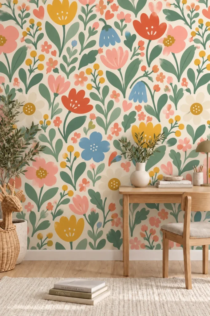 Scandinavian Folk Floral Wall Mural with Pink Yellow Blue Flowers and Sage Green Leaves behind a light oak desk in an airy Japandi study with an oatmeal chair, cream rug, and leafy plants.