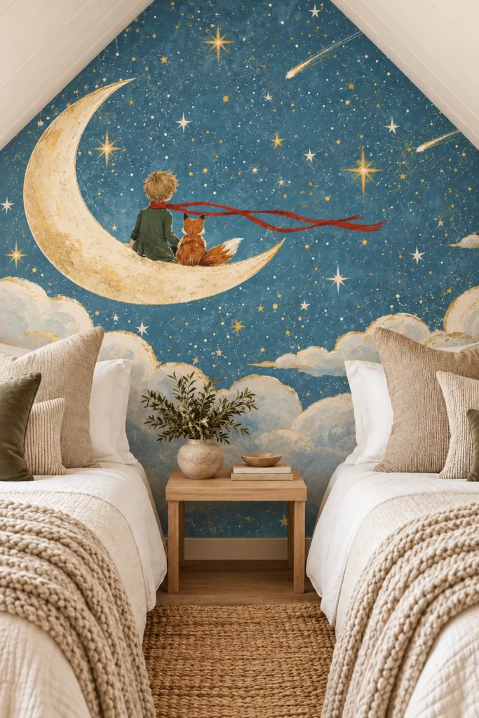 Storybook Boy and Fox on Golden Crescent Moon Wall Mural with Shooting Stars installed on a gable wall behind two ivory twin beds in a cozy attic bedroom.