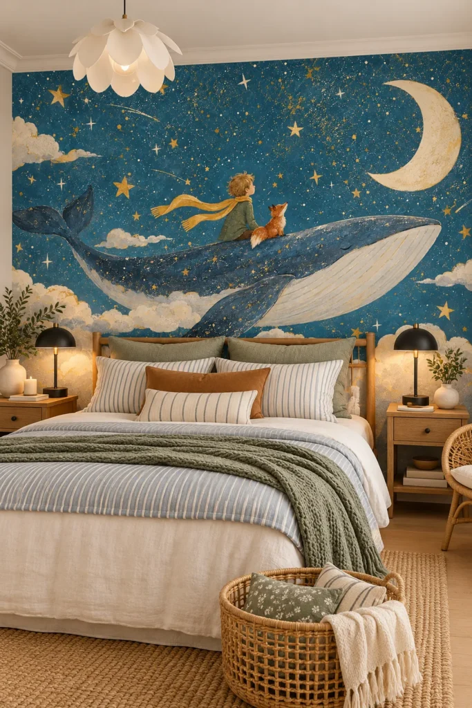 Cozy cottage bedroom featuring Blue and Gold Flying Whale Wall Mural with Boy Fox and Crescent Moon behind an ivory linen bed, with wooden nightstands and rattan accents.