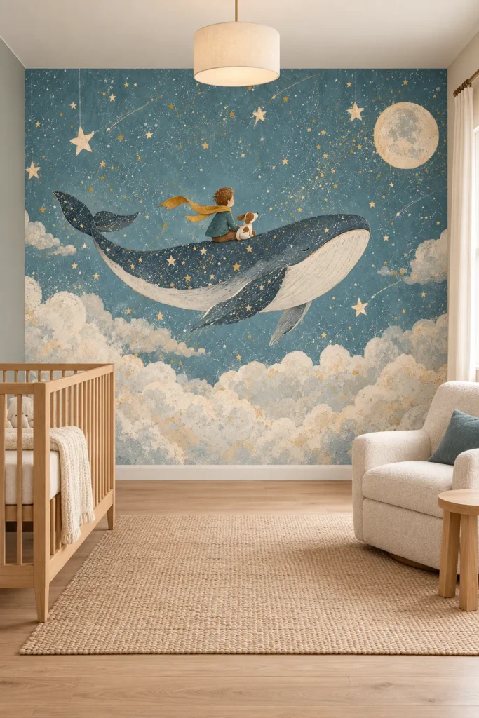 Dusty Blue Flying Whale Wall Mural with Boy Puppy Gold Stars and Full Moon installed across a Scandinavian nursery feature wall, with an oak crib, ivory nursing chair, and beige rug.
