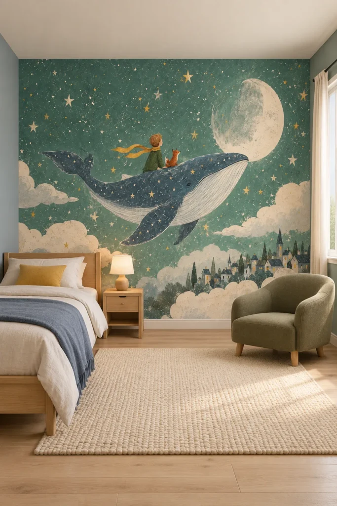 Vintage Sage Green Flying Whale Wall Mural with Boy Fox Moon and Starry Village in a Scandinavian child's bedroom with a low oak bed, ivory bedding, and an olive reading chair.