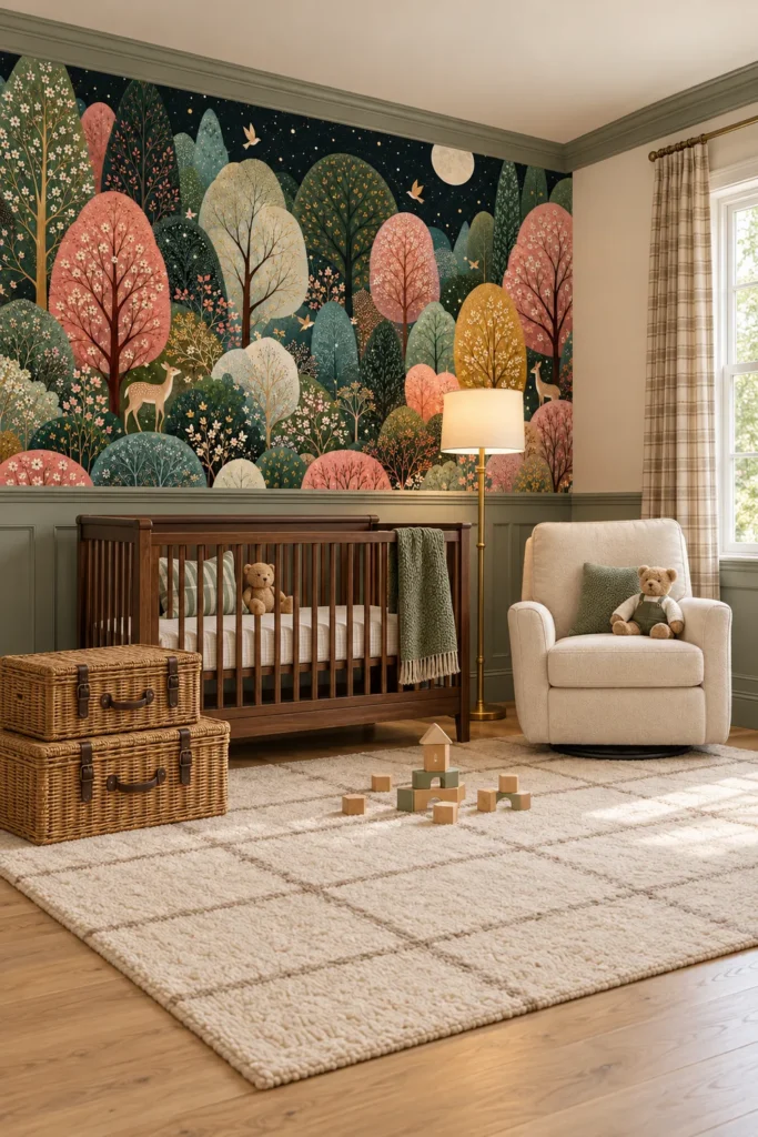 Traditional English country nursery featuring Whimsical Moonlit Forest Wall Mural with Pink Flowering Trees Deer and Birds above sage-gray paneling, with a walnut crib and cream armchair.