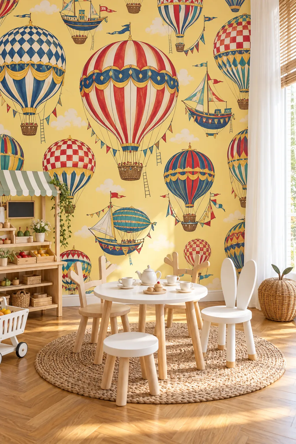 Yellow hot air balloon theme for a sunny playroom palette
