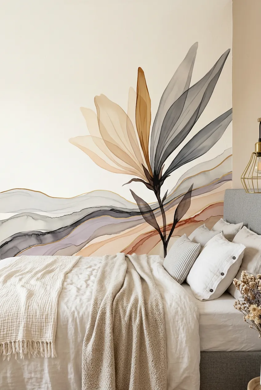 Soft abstract floral wall design in a neutral bedroom.