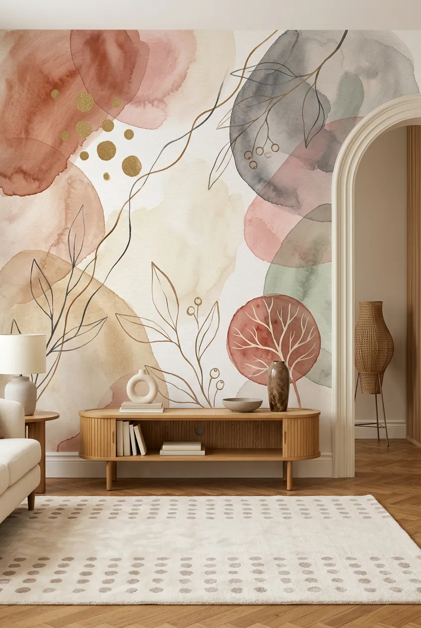 Abstract botanical watercolor shapes in earthy brown, clay, and olive tones