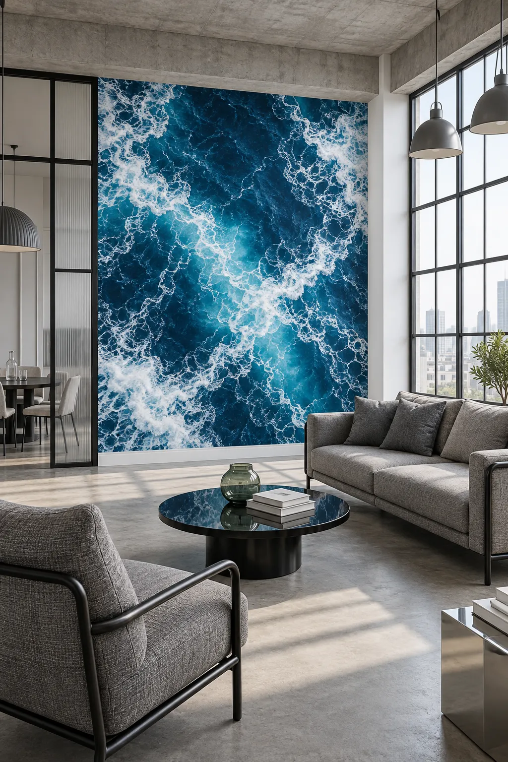 Aerial ocean wave wall mural serving as the focal point of a gray loft.