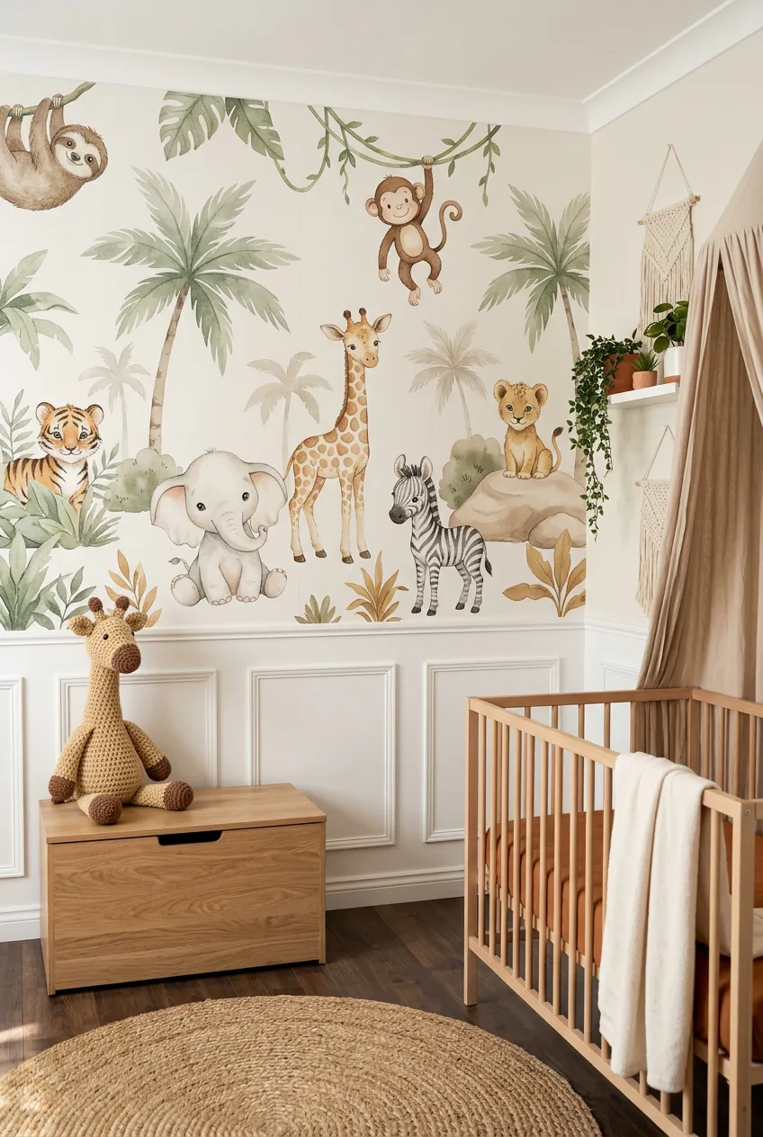 Baby animal wall decor in a neutral boho-style nursery.