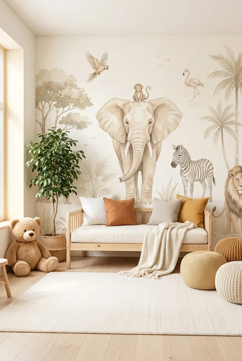 Soft beige elephant wall scene in a cozy toddler room.