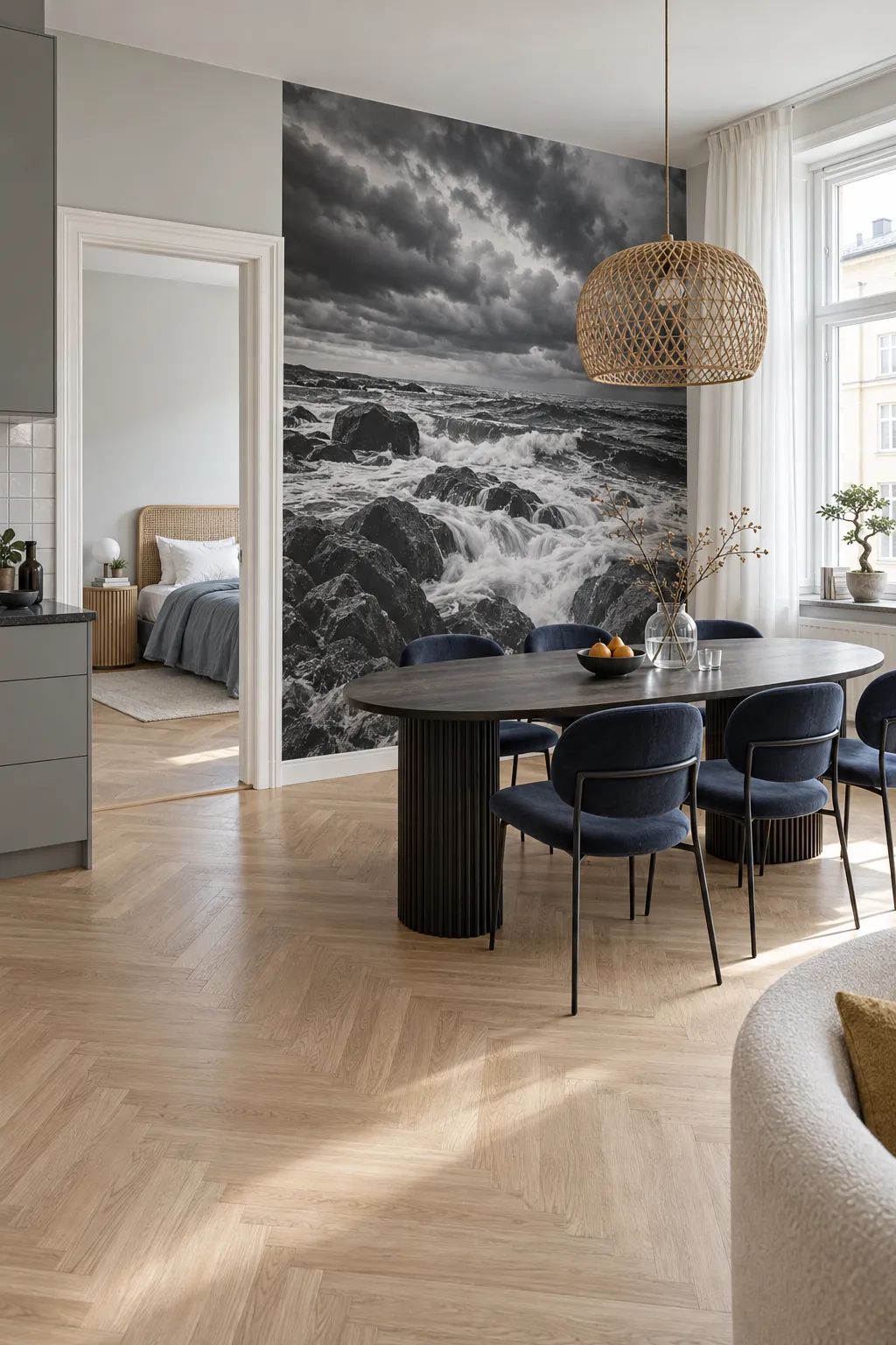 Black and white rocky coast wall mural in a dining room.