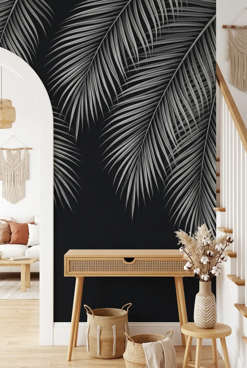 Boho entryway concept with black and gray palm leaf wallpaper and natural textures.