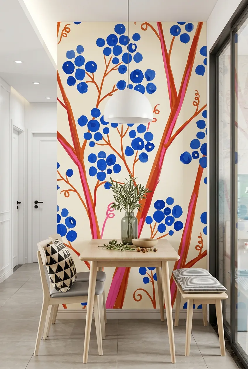 Dining nook concept featuring cobalt berry motifs and pink branches on the wall.