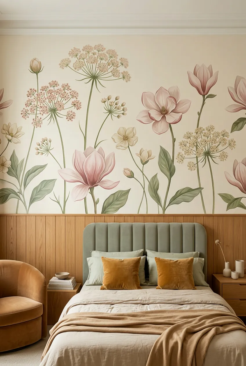 Bedroom palette pairing blush floral motifs with soft sage tones.