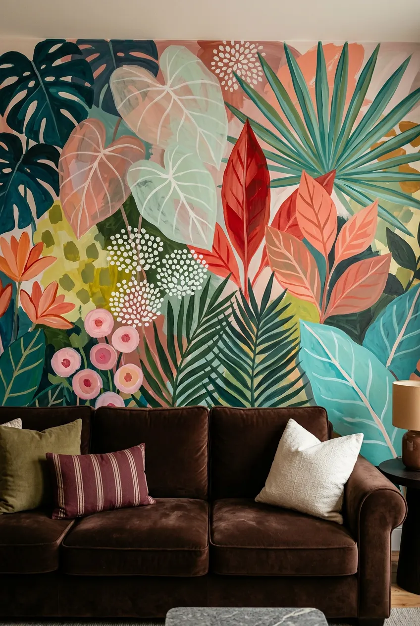 Brown velvet sofa paired with a colorful tropical leaf pattern.