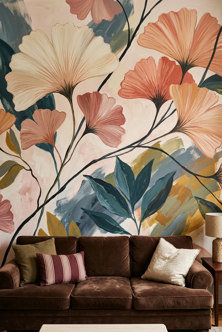 Coral floral wall design paired with a brown velvet sofa.