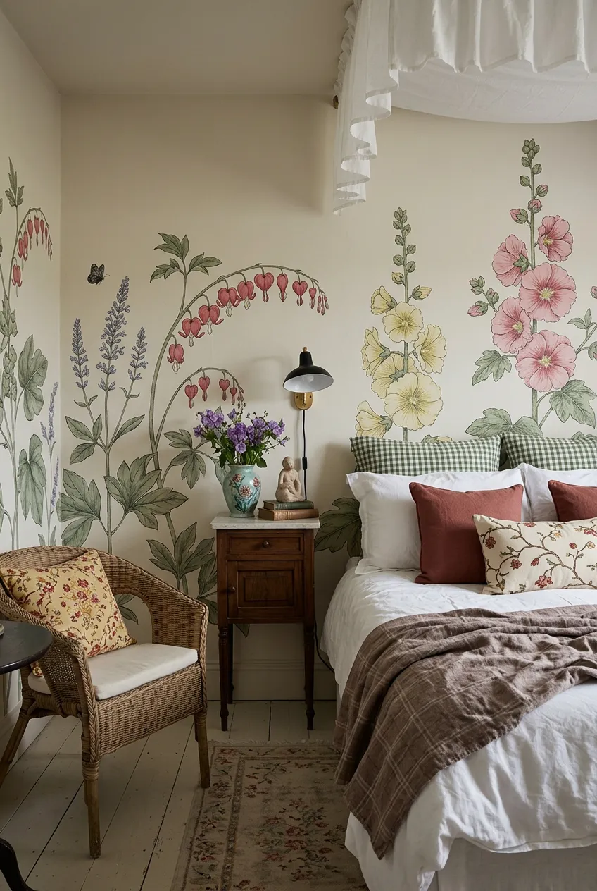 Pastel garden floral backdrop styled for a cottage bedroom