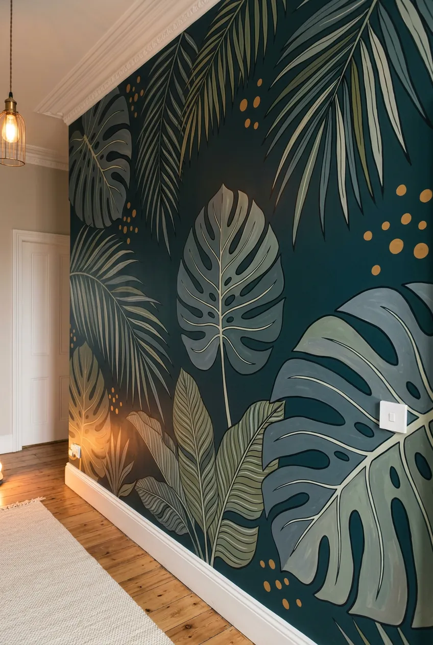 Dark teal leaf wall design accented with gold dots in a hallway.