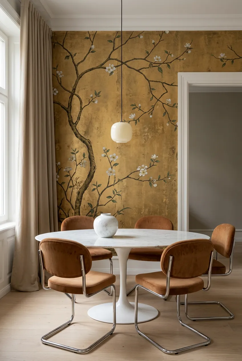 Dining nook palette featuring gold blossom motifs and warm neutral accents.