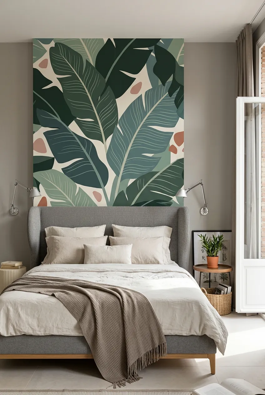 Bedroom decorating concept with large banana leaf motifs behind the bed.