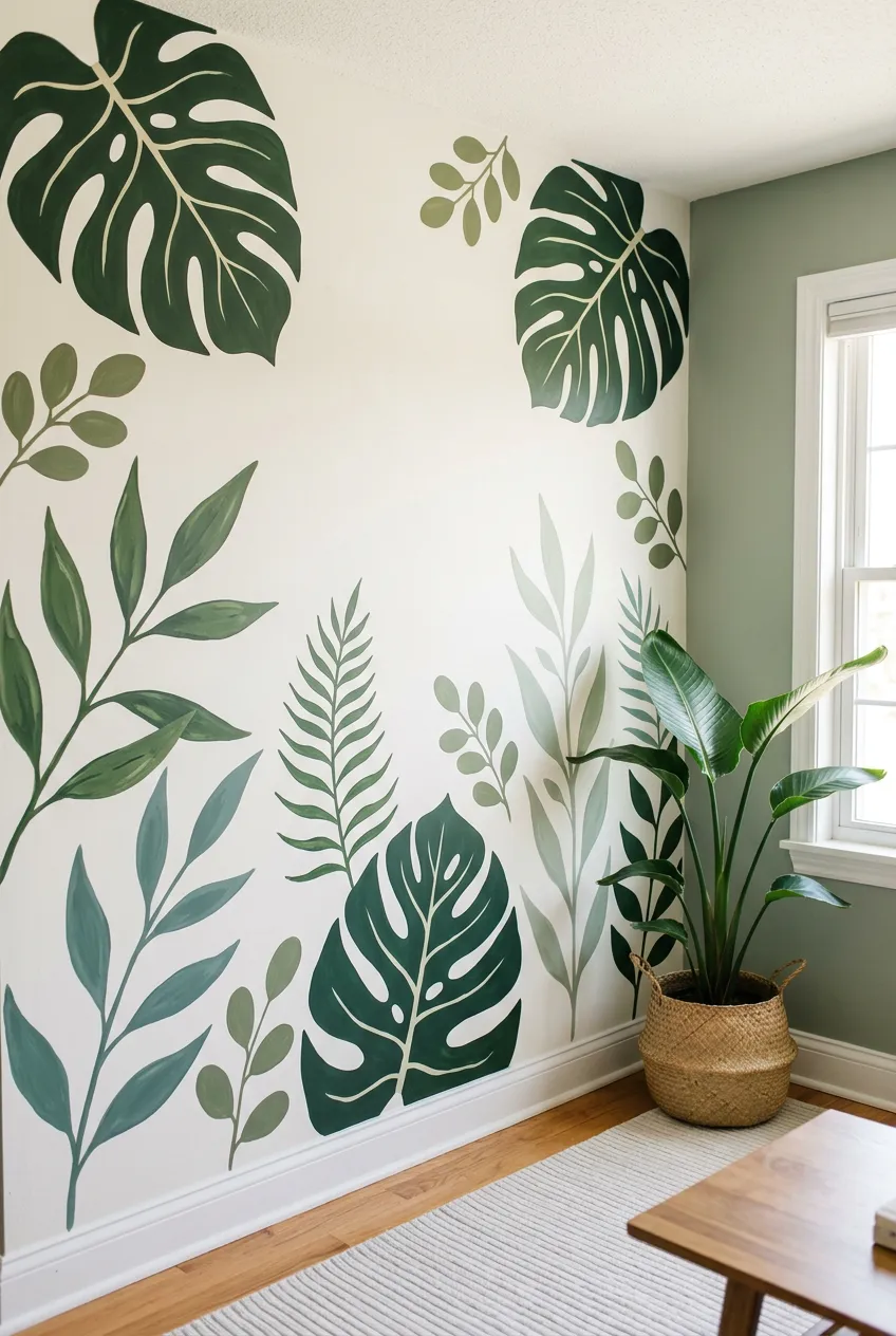 Green monstera mural with sage-colored accents beneath it.