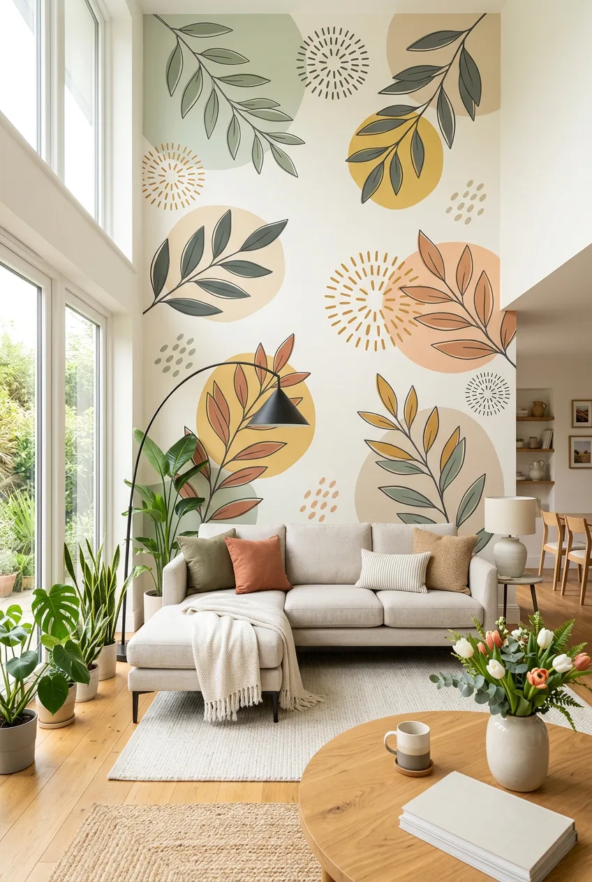 Modern leaf wall shapes paired with earthy living room colors.