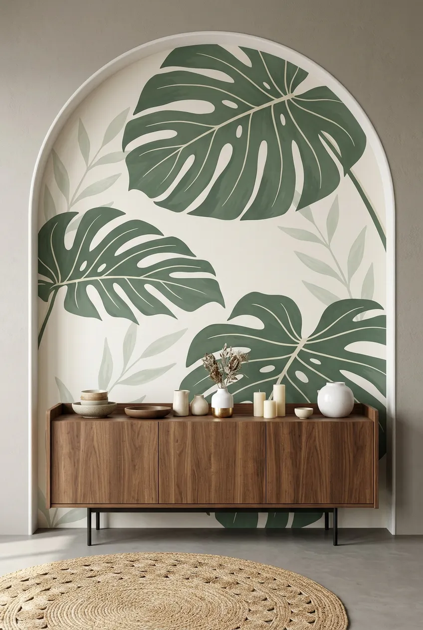 Arched alcove decorated with a botanical monstera leaf pattern