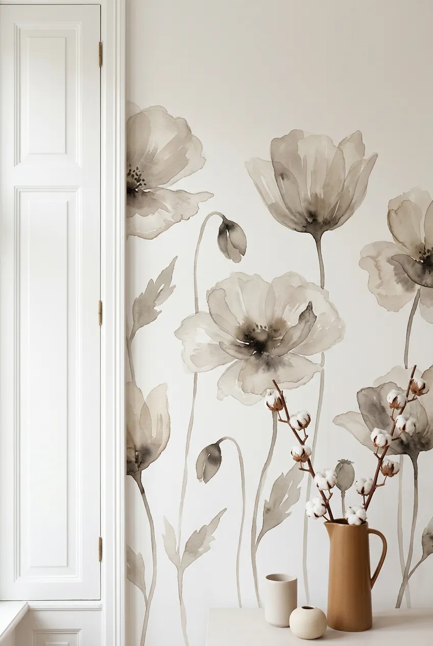 Subtle botanical wall design with neutral watercolor flowers