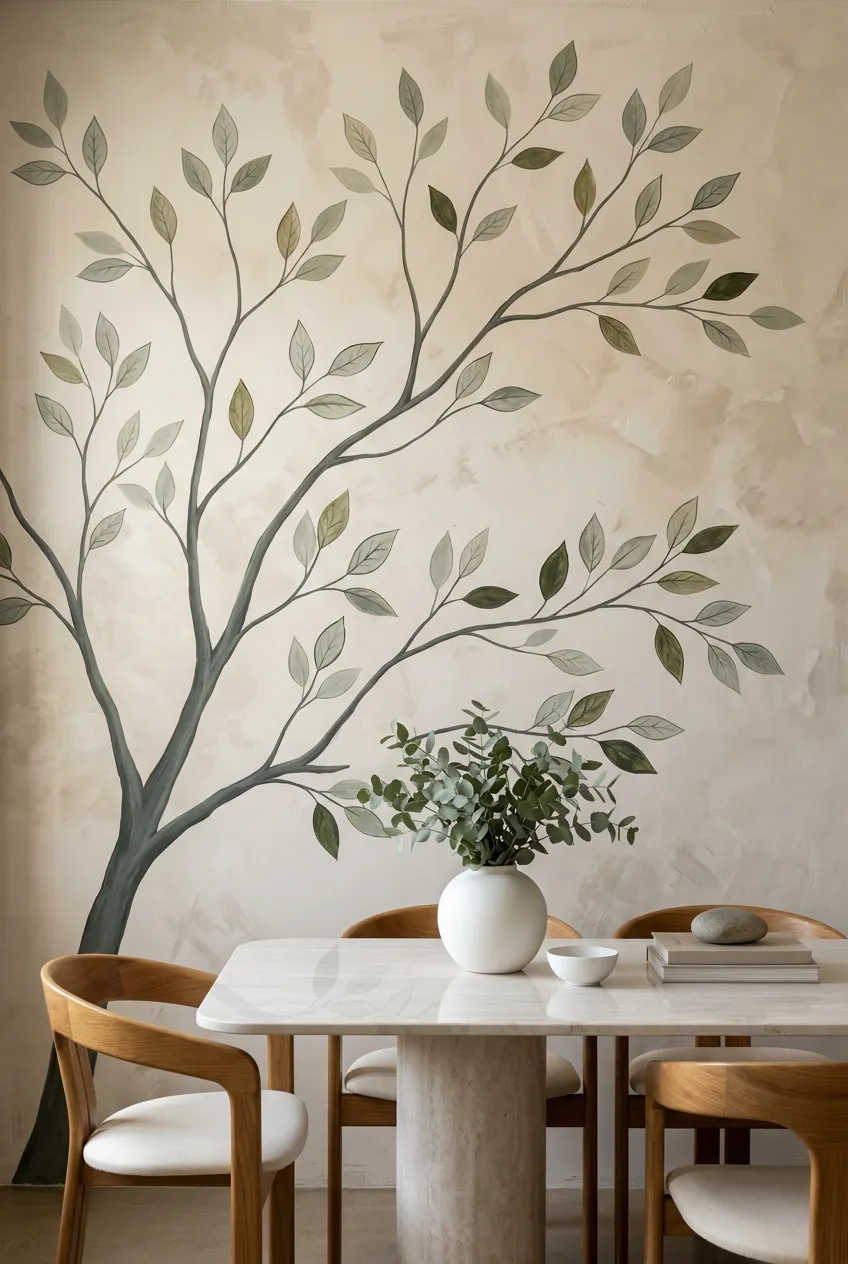 Gentle olive branch wall design behind a neutral dining nook.