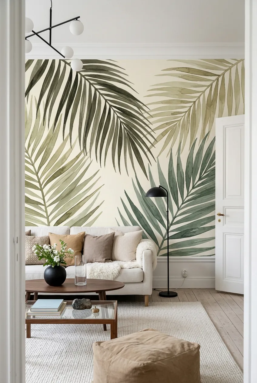 Olive palm frond wall design paired with cream fabrics and soft neutral decor.