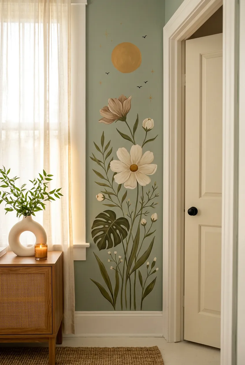 Flowers and a gold moon arranged on a narrow sage wall.