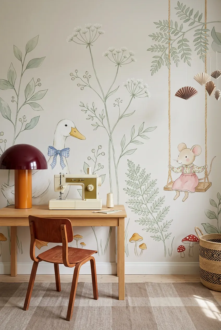 Sewing corner with a whimsical wall pattern of plants and animals